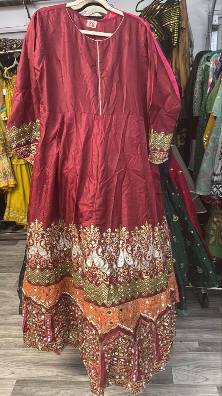 Maroon Silk Anarkali Gown with Heavy Gold Embroidery and Mirror Work